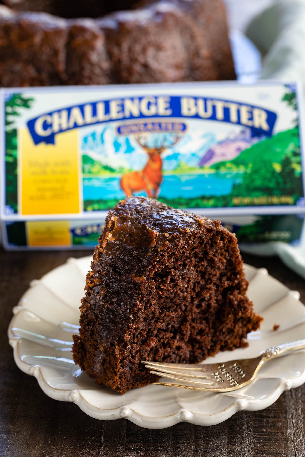 slice of chocolate cake on a white plate