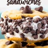 an ice cream sandwich with three chocolate chips on top and many chocolate chips around the side of the sandwich with words on the photo