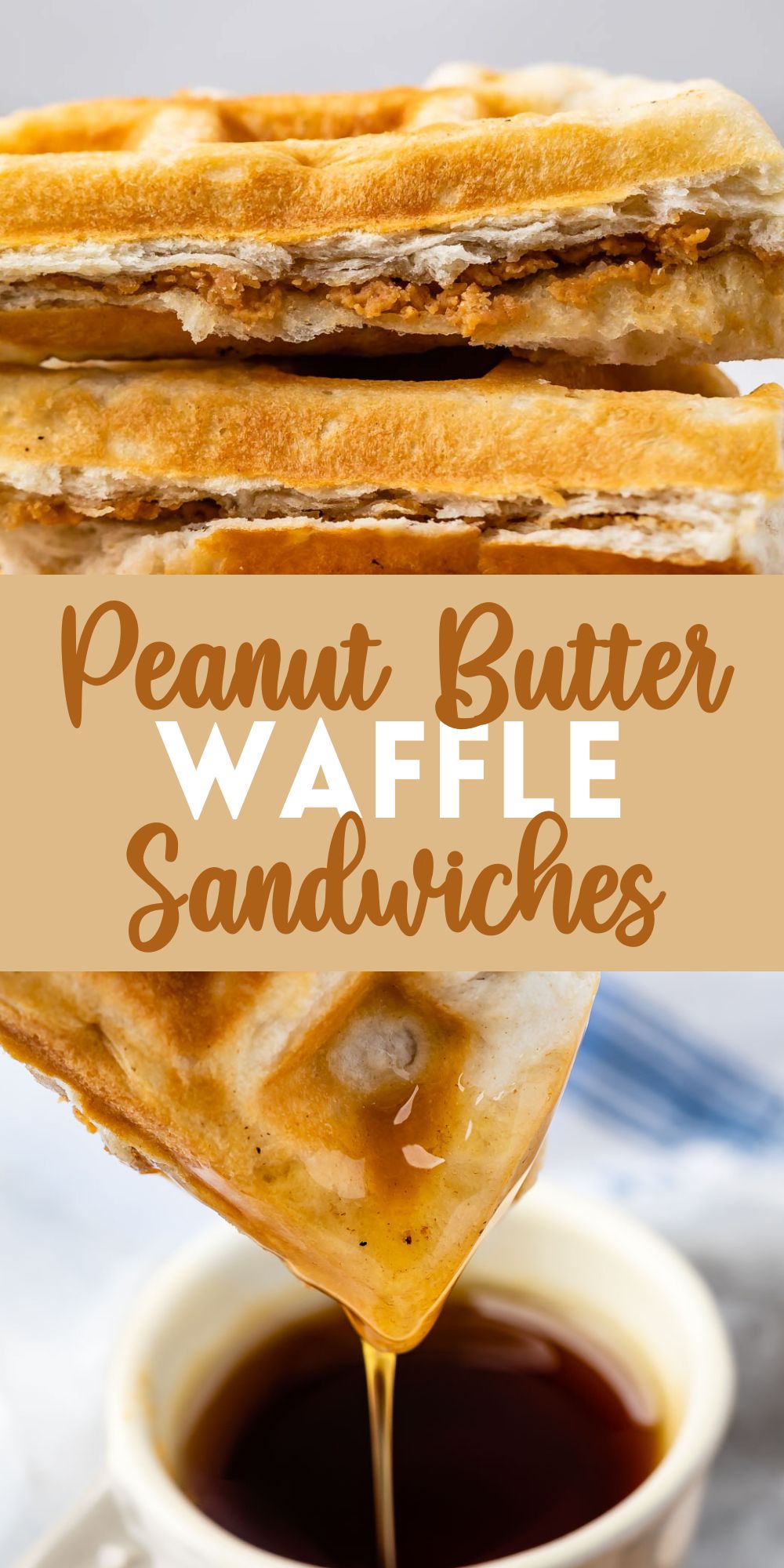 two photos of peanut butter waffles with one being dipped in syrup and the other having waffles stacked and words in the middle of the photo