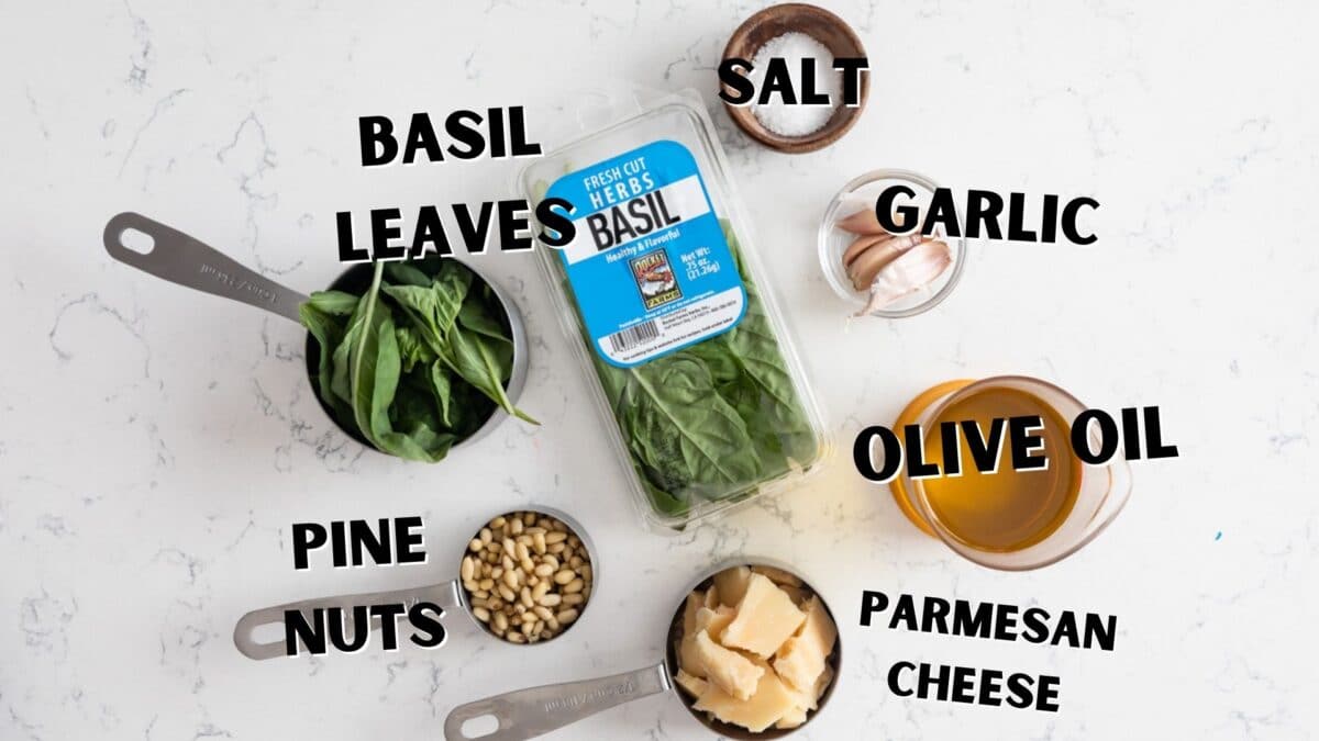 ingredients in pesto with words on photo