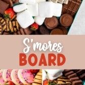 teal board with many types of cookies and marshmallows and strawberries sprinkled through out with words on photo