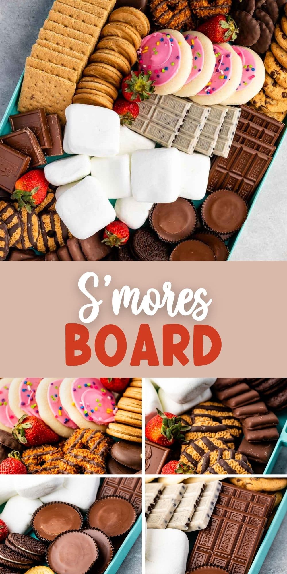 teal board with many types of cookies and marshmallows and strawberries sprinkled through out with words on photo