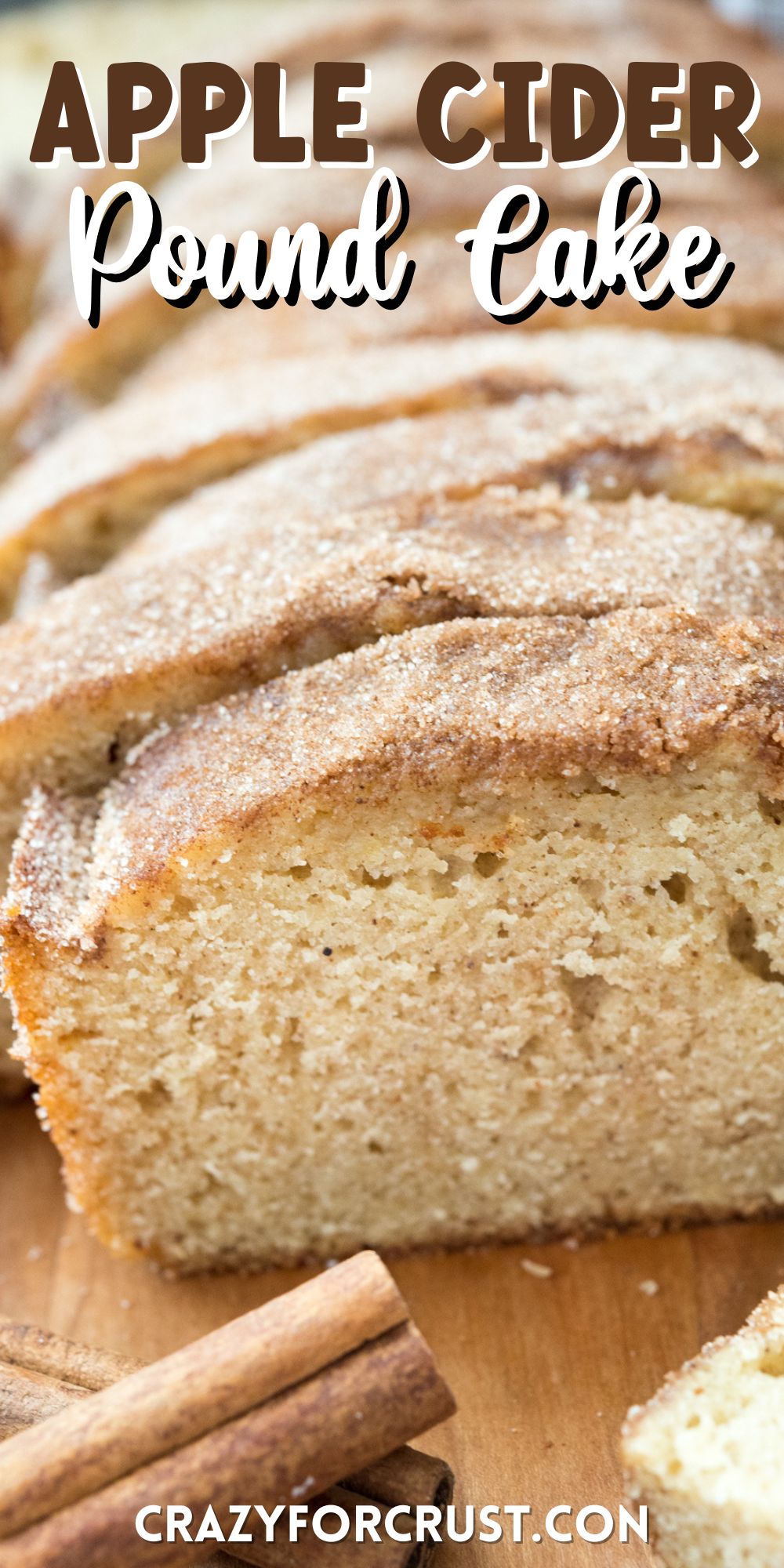 sliced pound cake on a cutting board with words on the photo