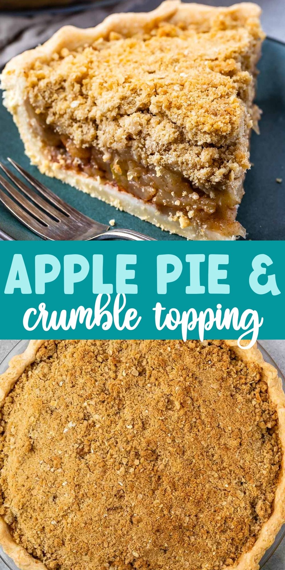 two photos of apple pie with one being a full pie and the other being just a slice and there is words in the middle of the two photos