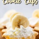 Banana cream pie cookie cup cut in half to show inside filling with recipe title on top of photo