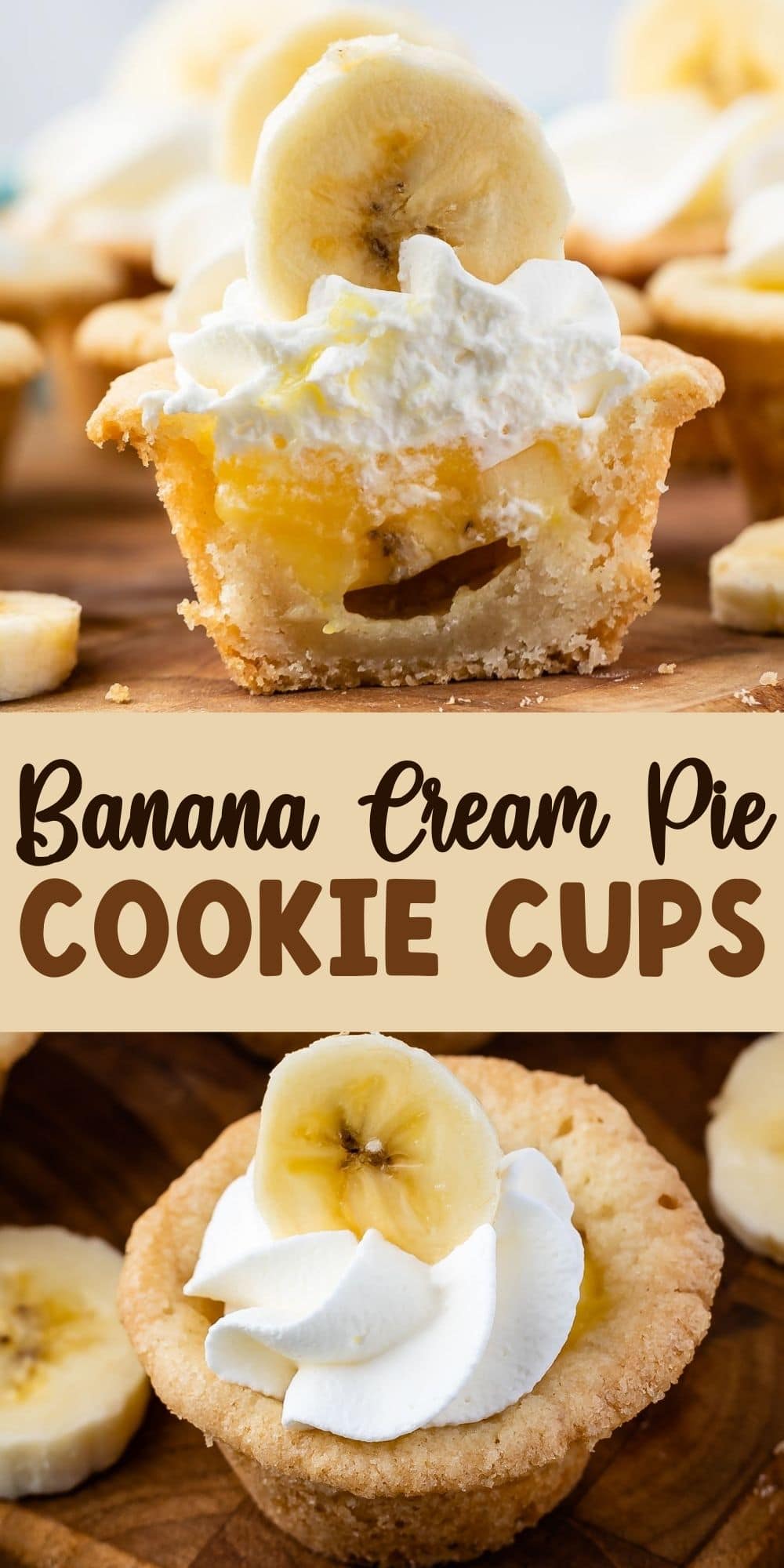 Collage of banana cream pie cookie cups with recipe title in the middle of photos