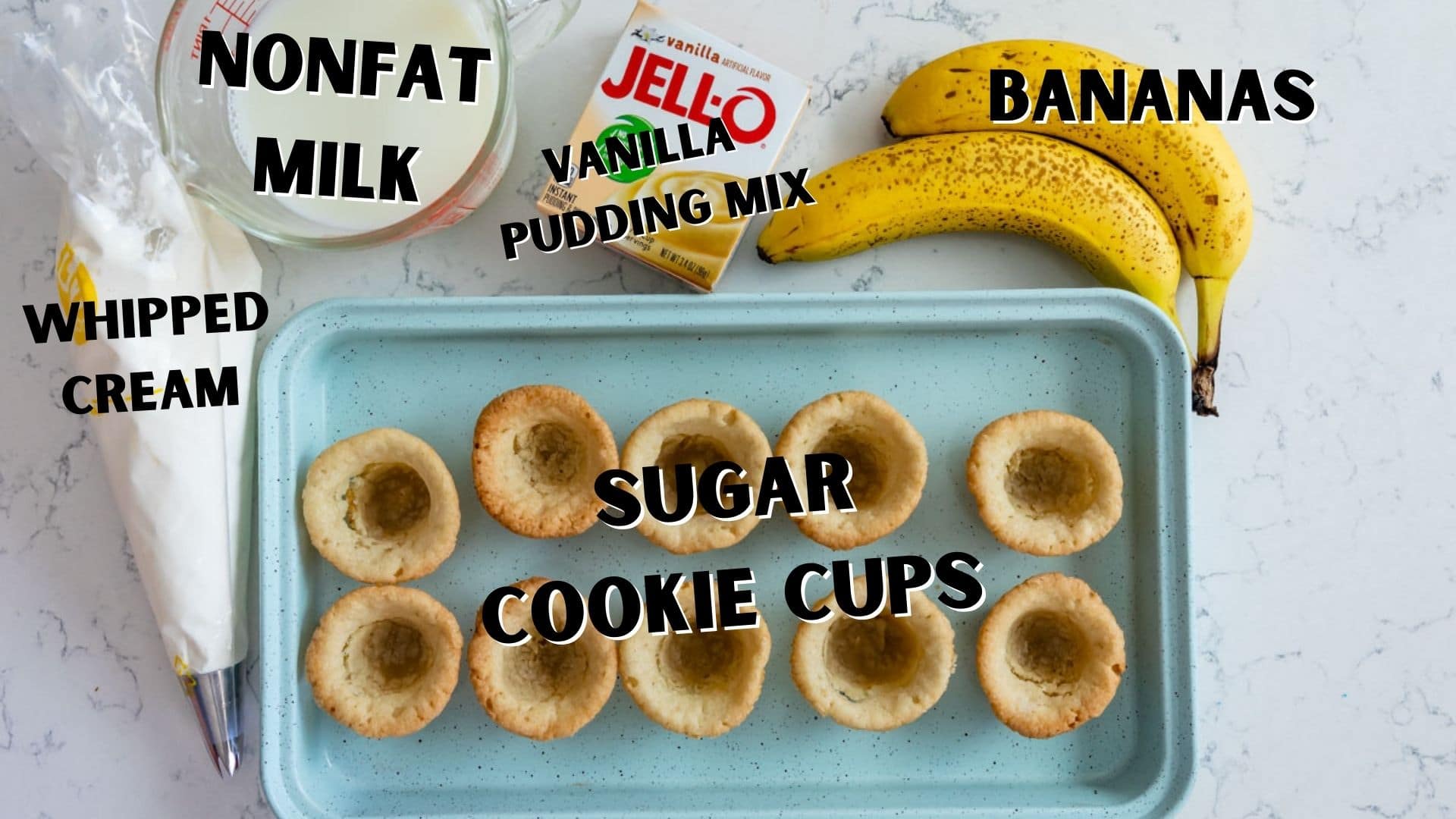 Overhead shot of all ingredients needed to make banana cream pie cookie cups