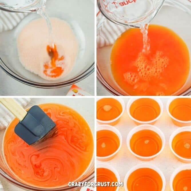 Four photos showing the process of making orange jello shots