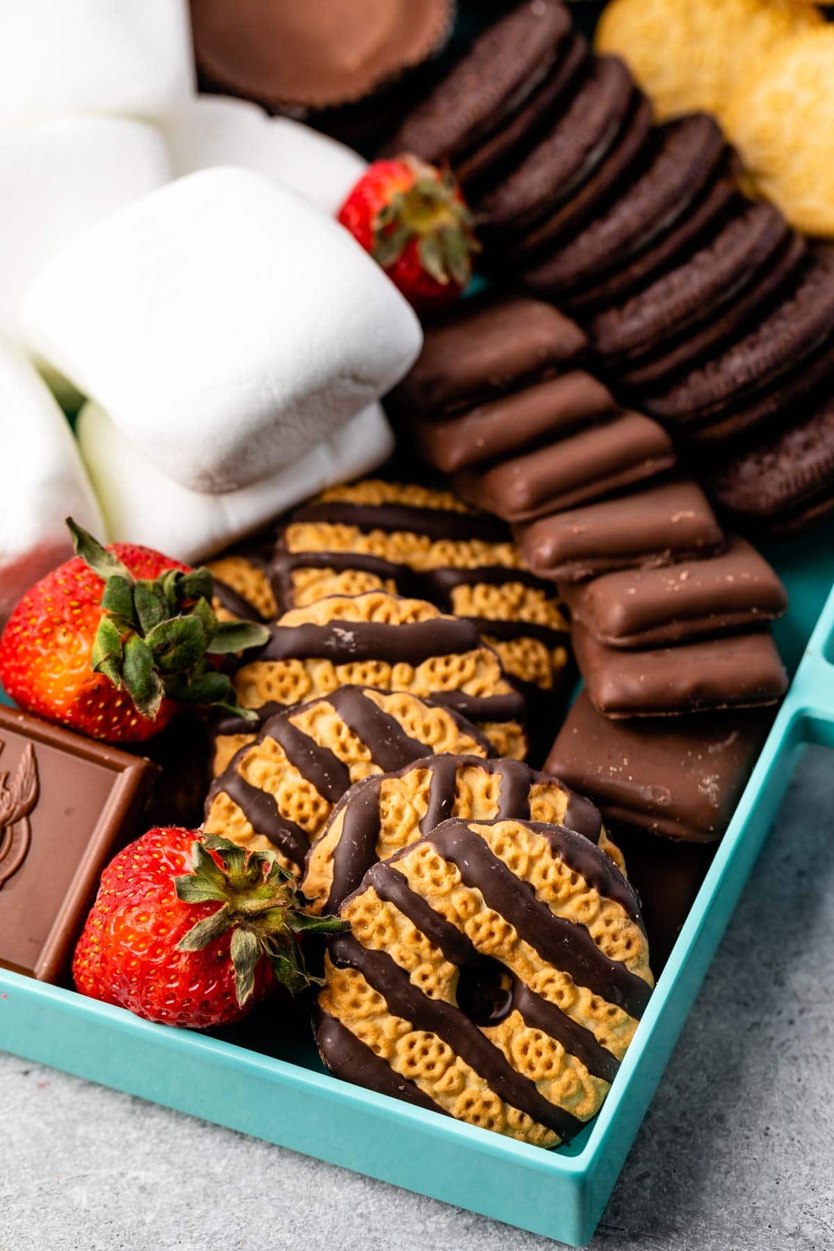 shot focused on cookies with chocolate drizzle