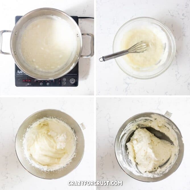 Četiri fotografije koje prikazuju proces pravljenja nadjeva za marshmallow pitu