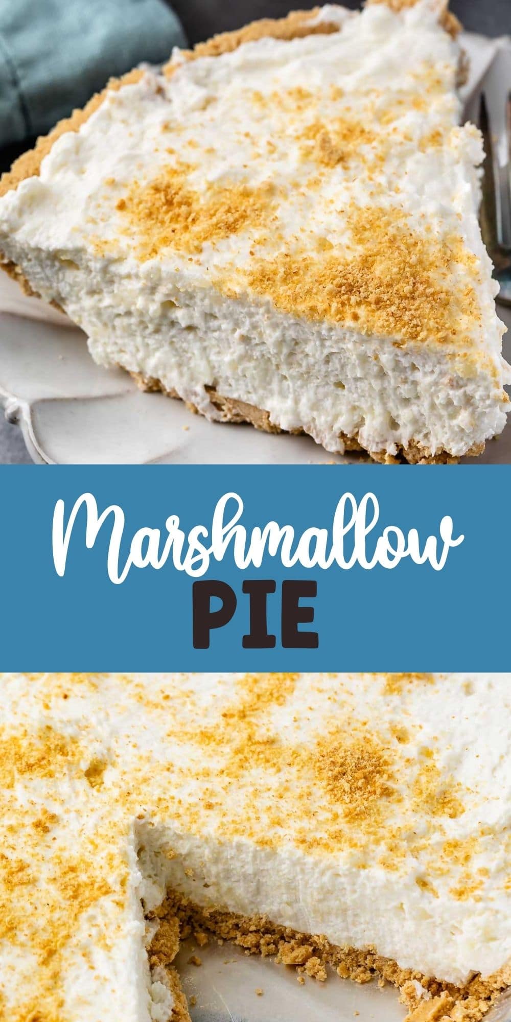 Photo collage of marshmallow pie with recipe title in the middle of two photos