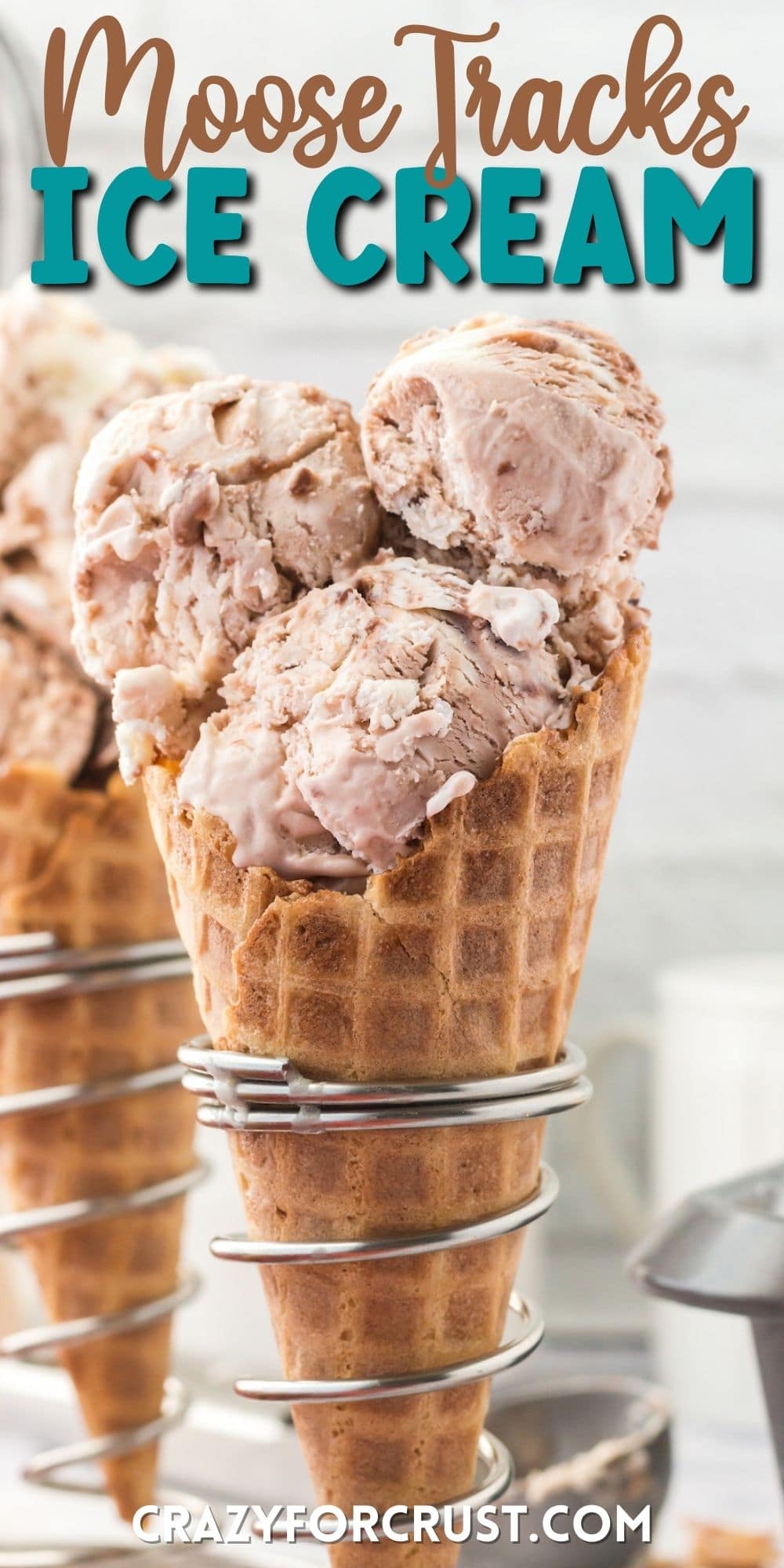 three scoops of ice cream in an ice cream waffle cone with words on the photo