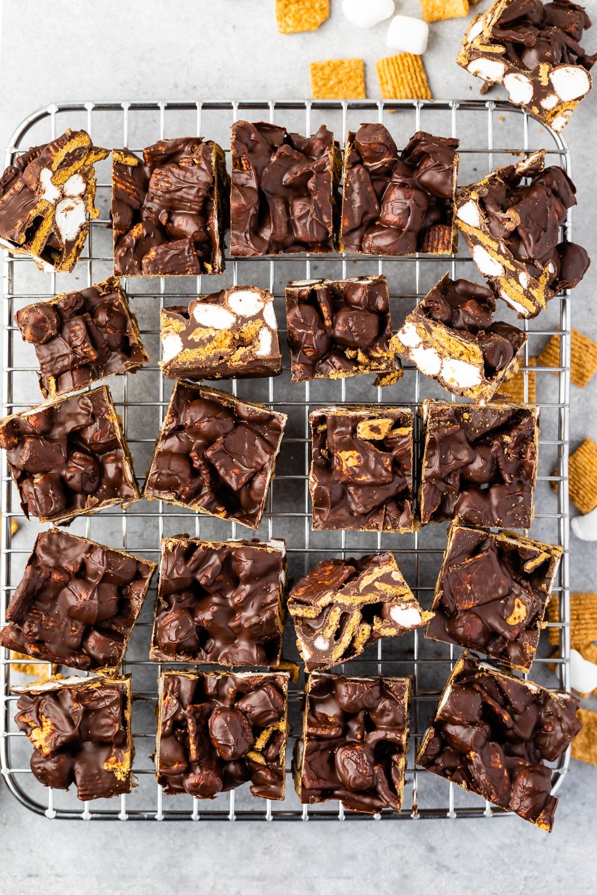 multiple sliced s'mores bars on a cooling grate