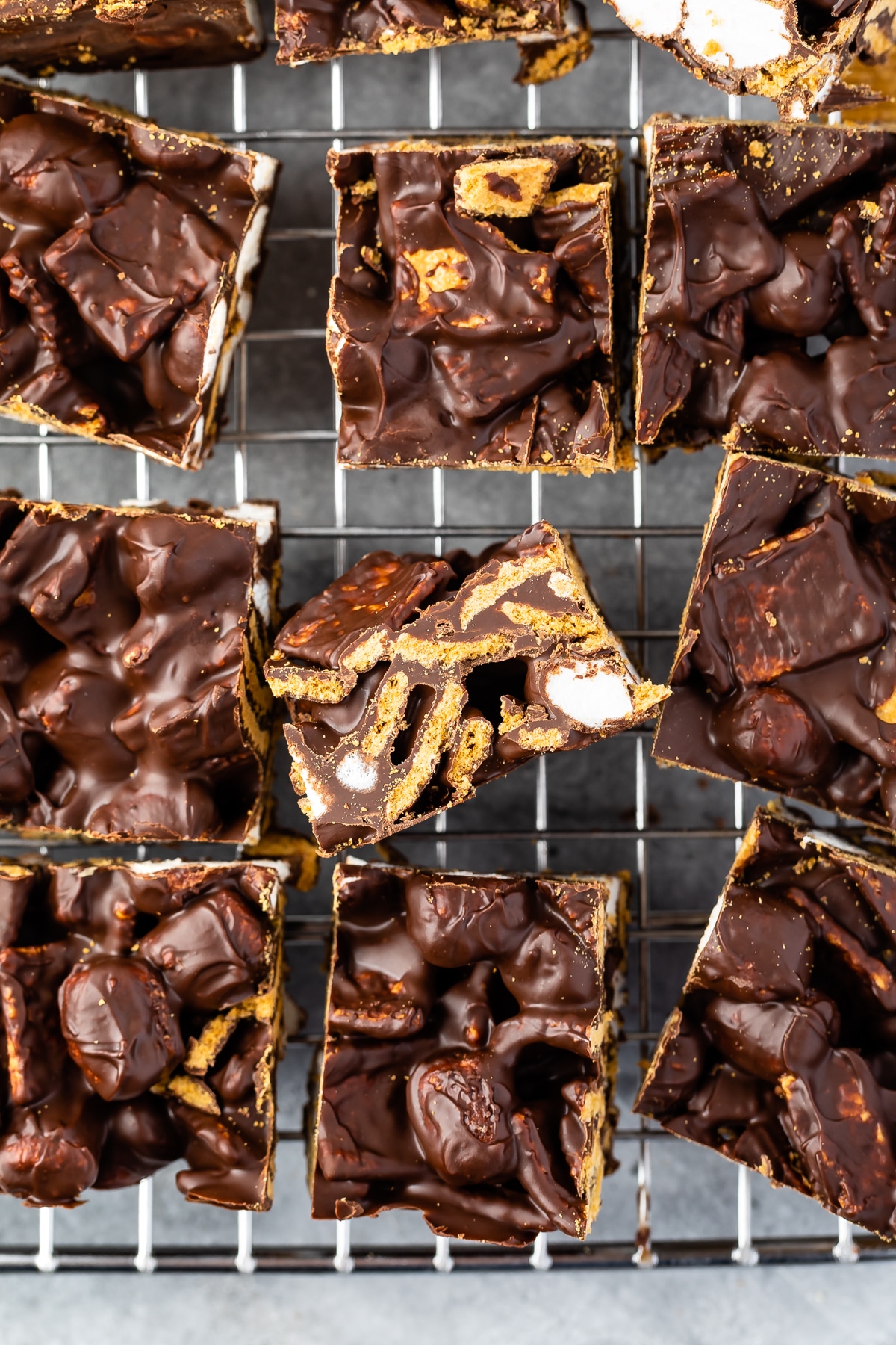 multiple sliced s'mores bars on a cooling grate