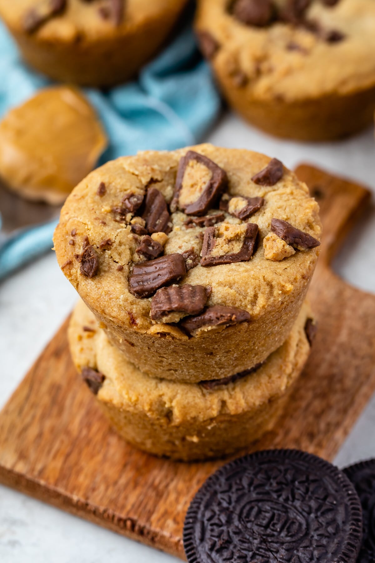 stack of two cookie cups with peanut butter cups on top