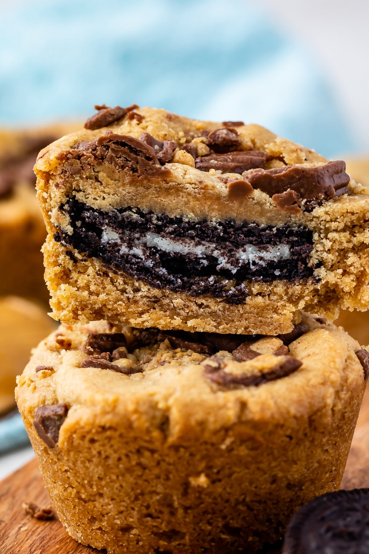 cookie cup cut in half showing oreo inside