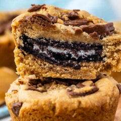 cookie cup cut in half showing oreo inside