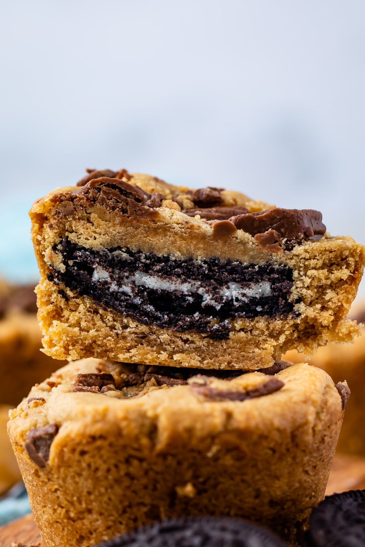 cookie cup cut in half showing oreo inside