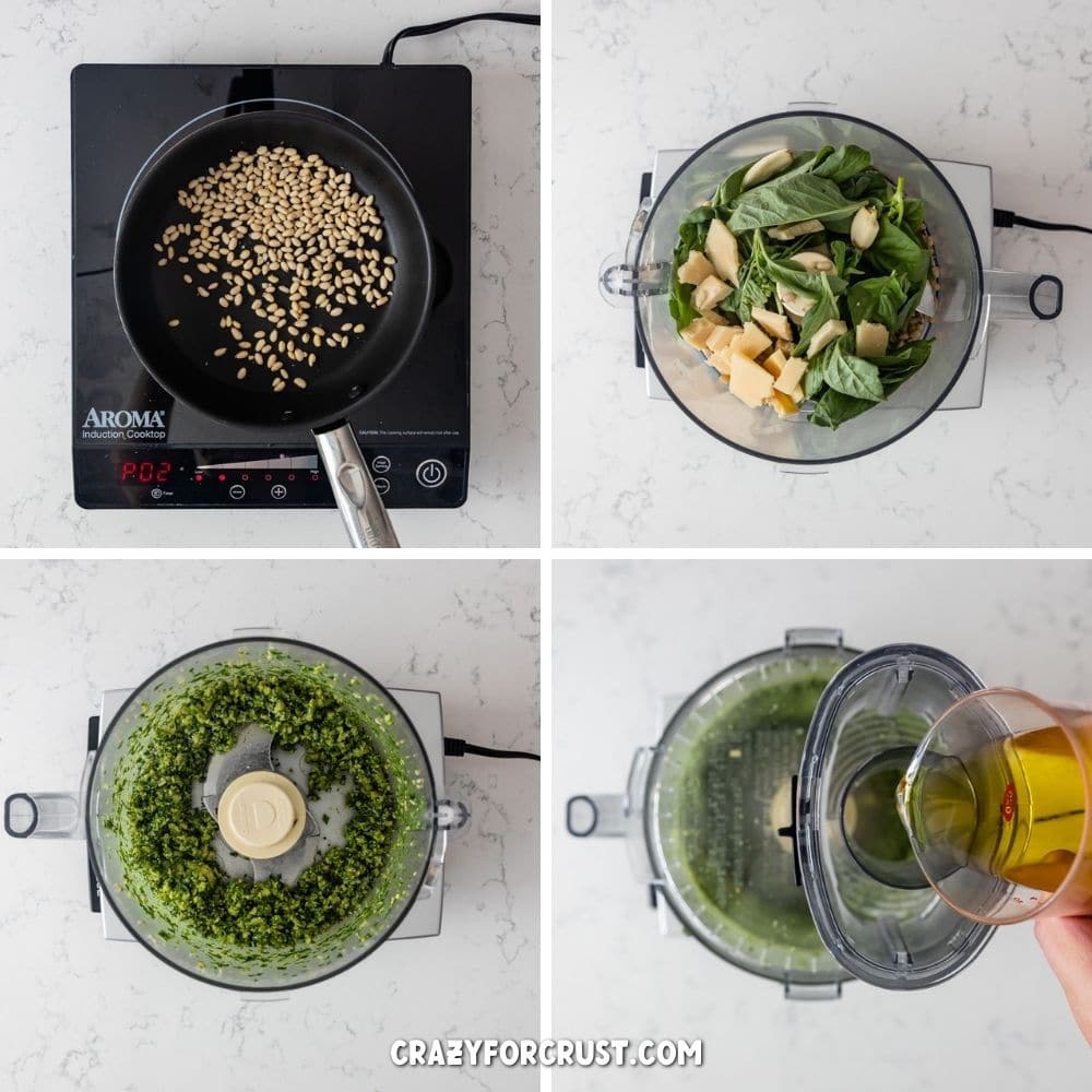 4 images showing how to make pesto.