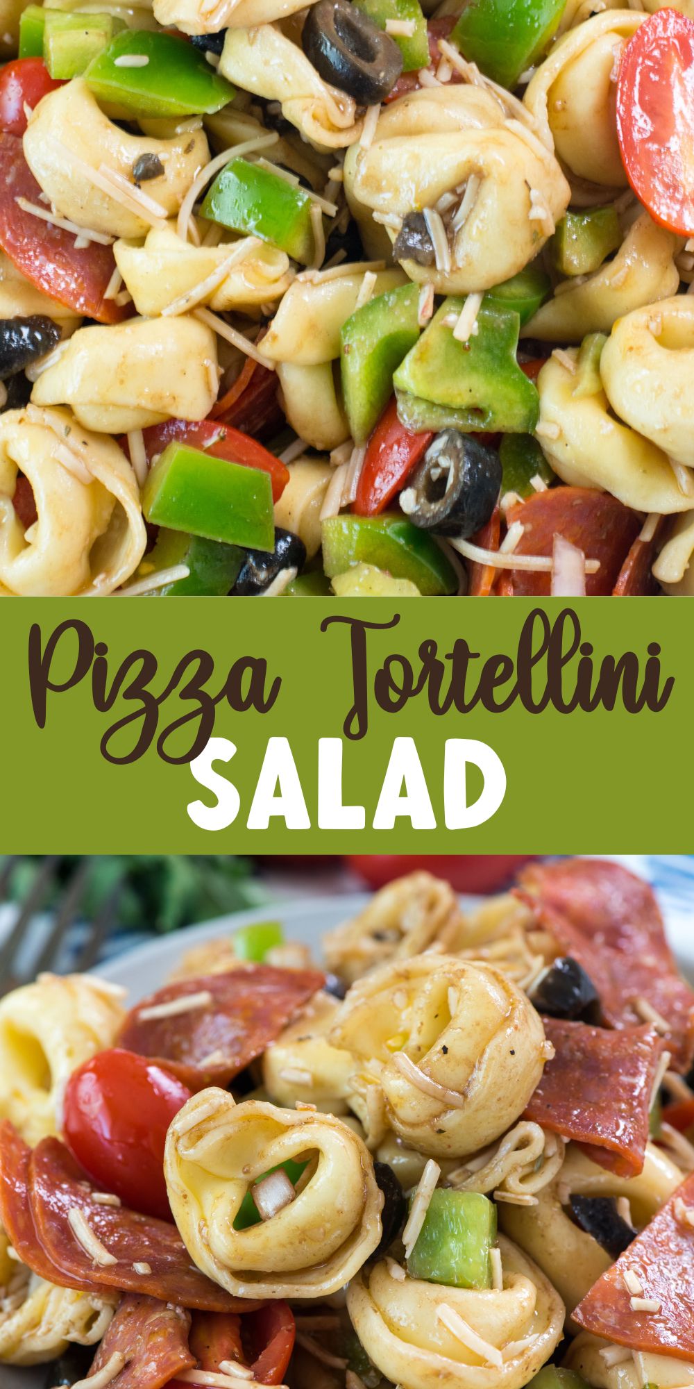two photos of the salad with tortellini and tomatoes and pepperoni and peppers mixed