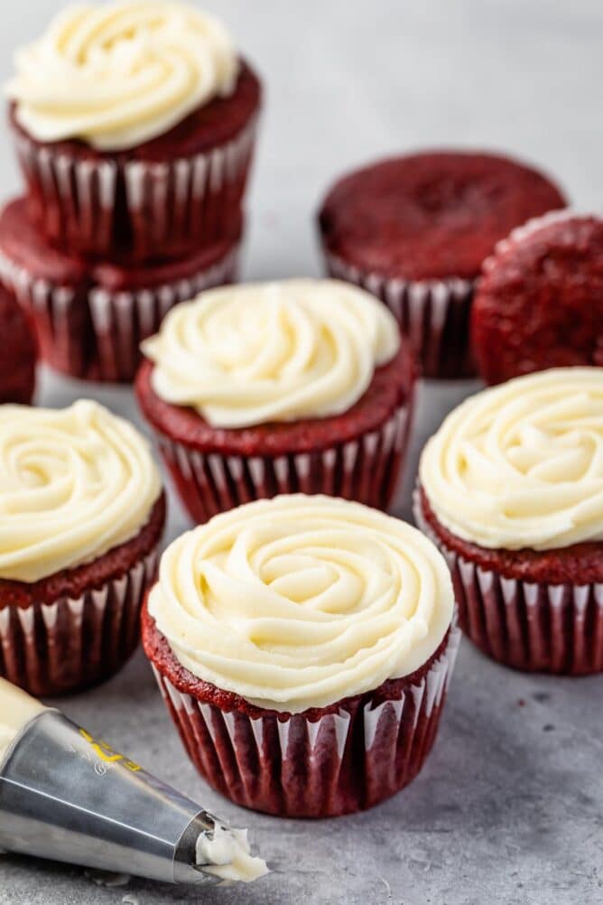 Red velvet cupcakes topped with cream cheese frosting