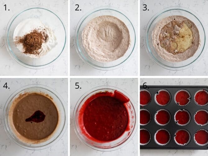 Overhead shot of 6 photos showing the process of making red velvet cupcakes