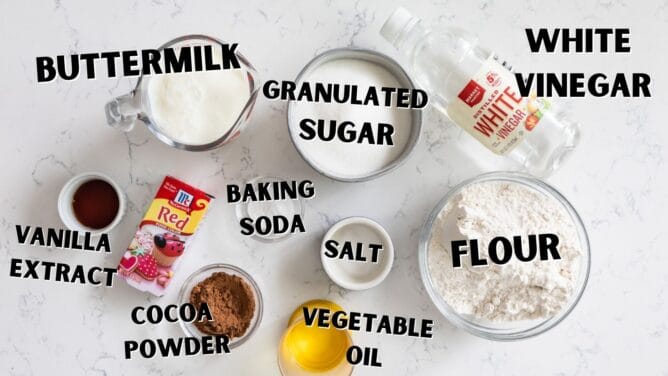 Overhead shot of all ingredients needed for red velvet cupcakes