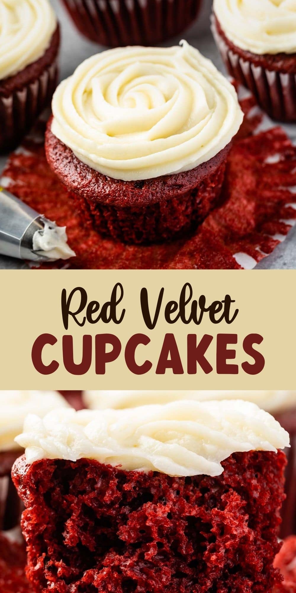 Red velvet cupcakes collage with recipe title in the middle of two photos