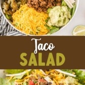 taco salad in bowl with words on photo and photo of ingredients