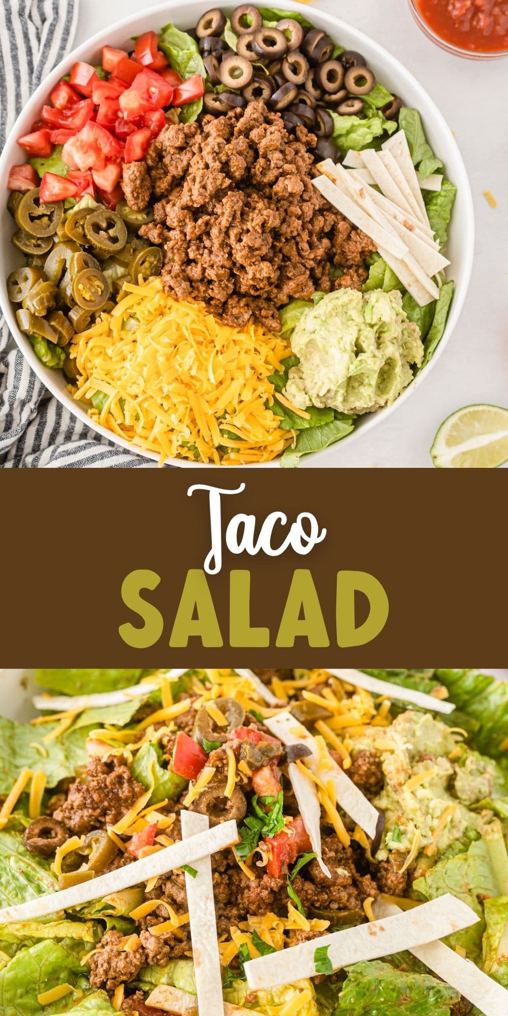 taco salad in bowl with words on photo and photo of ingredients