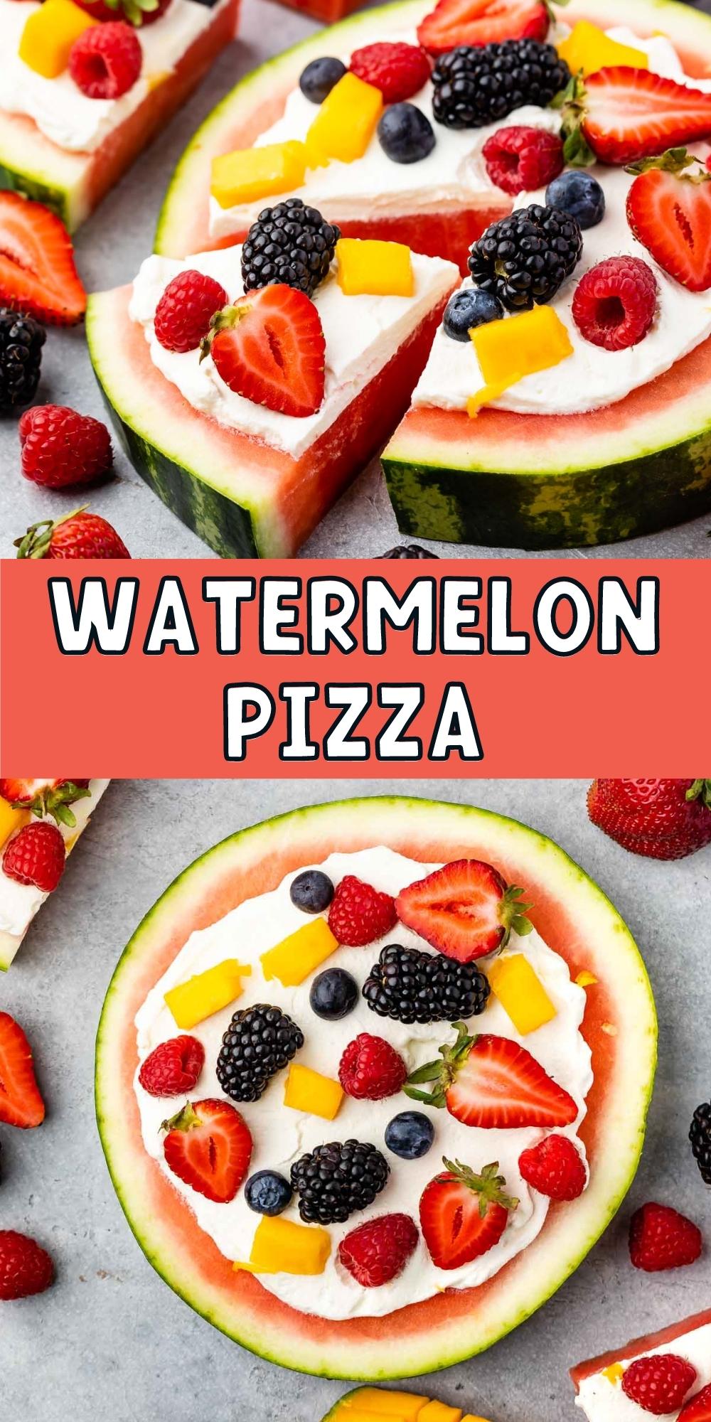 collage of sliced watermelon pizza and whole one