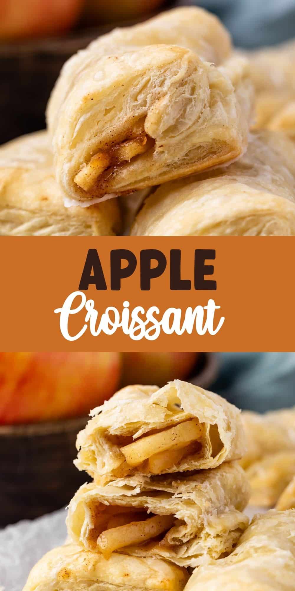 two photos of the apple croissant with words in the middle