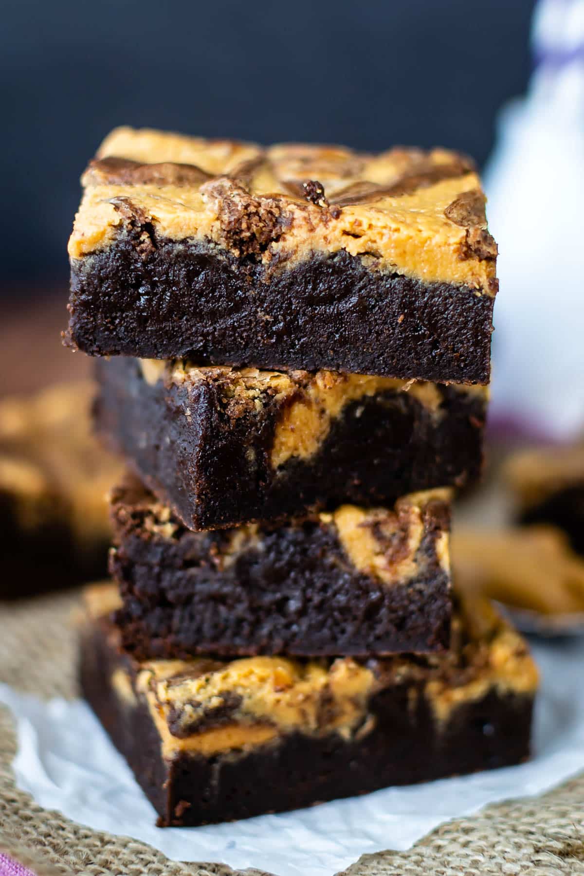 stacked black and yellow swirl brownies