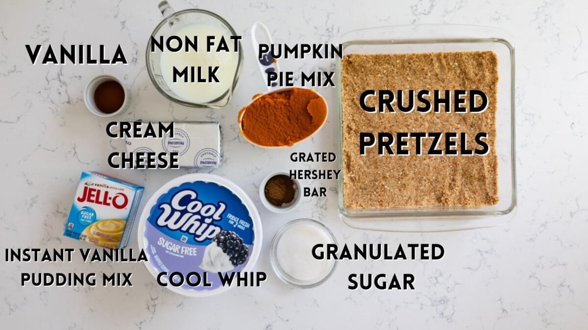 ingredients of the pumpkin dessert on a marble counter with words saying the name of the ingredients