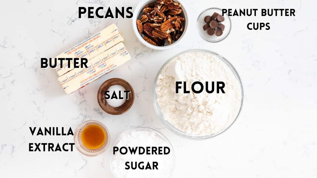 ingredients in the stuffed snow balls laid out with words saying the ingredient name