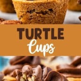 two photos of the turtle cups with one cut in half and one normal one with chocolate frosting in half and words in the middle of the two photos