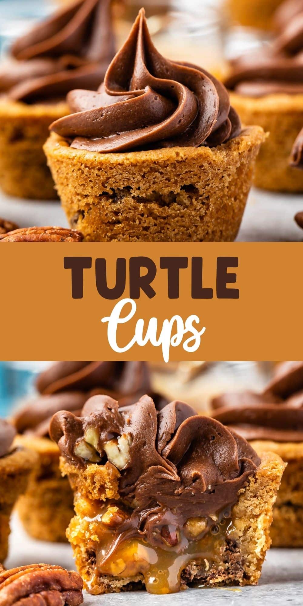 two photos of the turtle cups with one cut in half and one normal one with chocolate frosting in half and words in the middle of the two photos