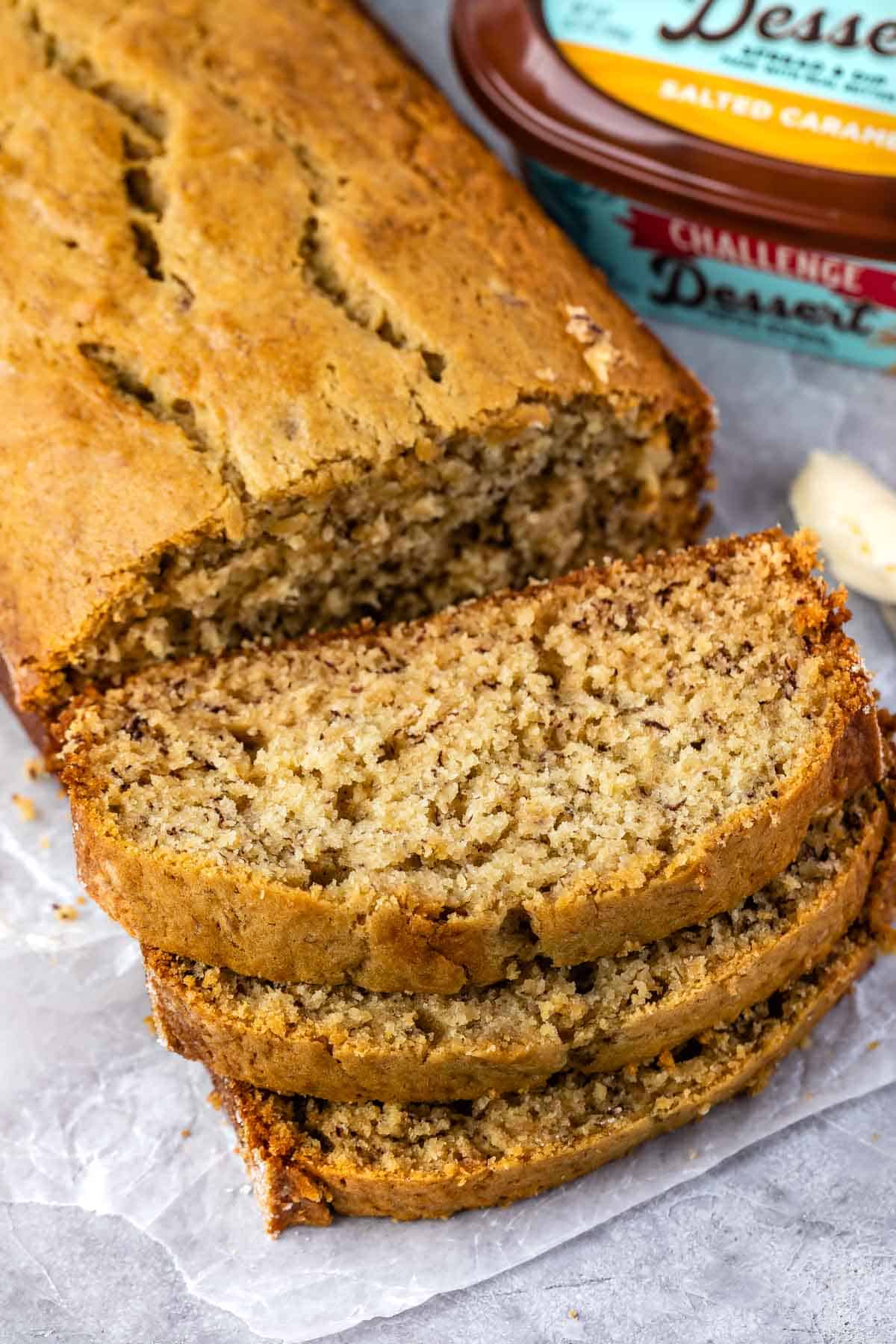 sliced banana bread with stack of 3 slices