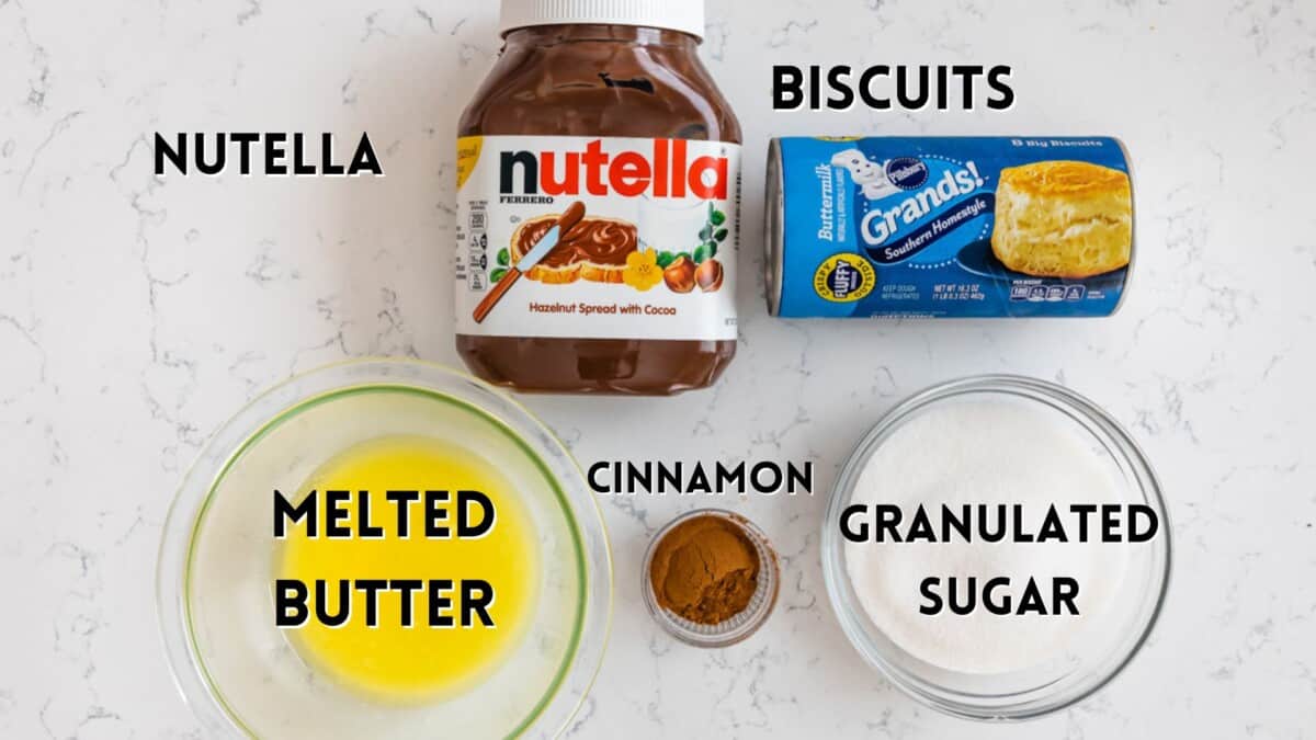 ingredients in the nutella biscuits laid out with words above the ingredient saying the ingredient name