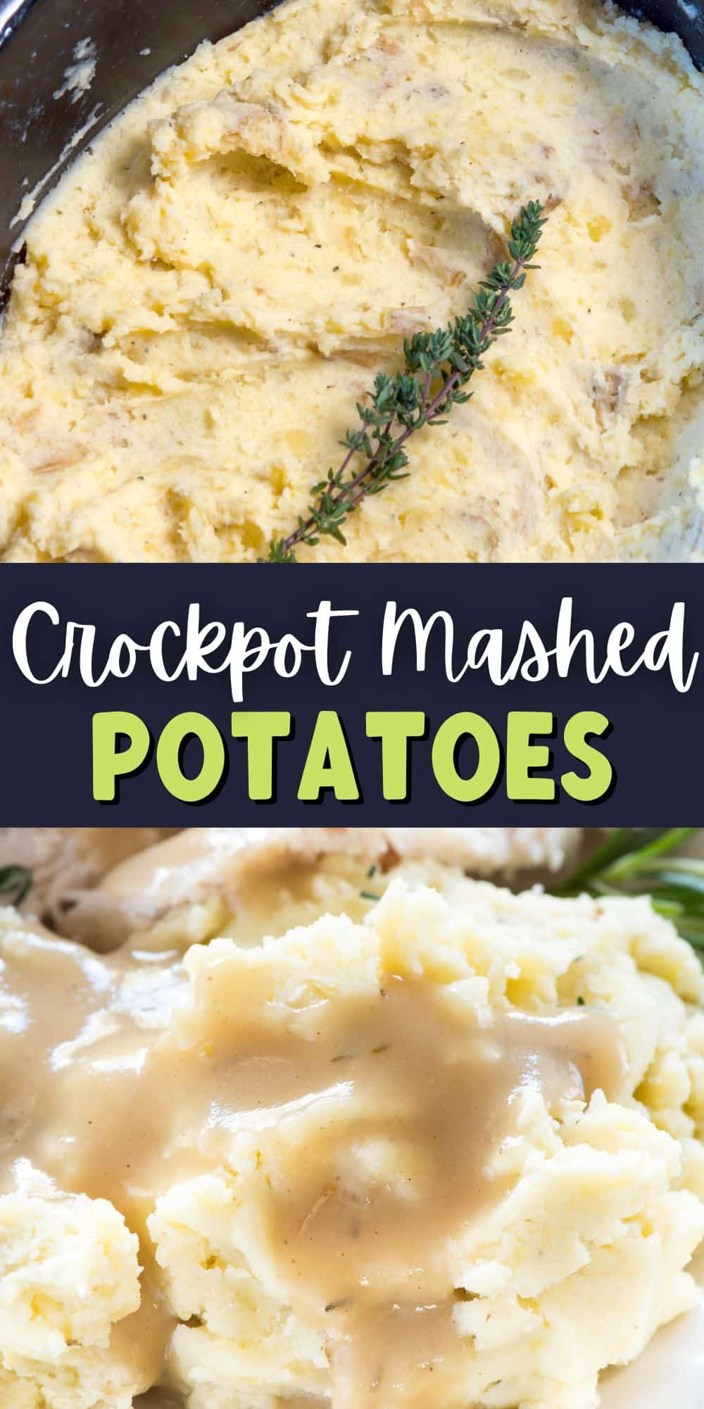 two photos of mashed potatoes with words in the middle