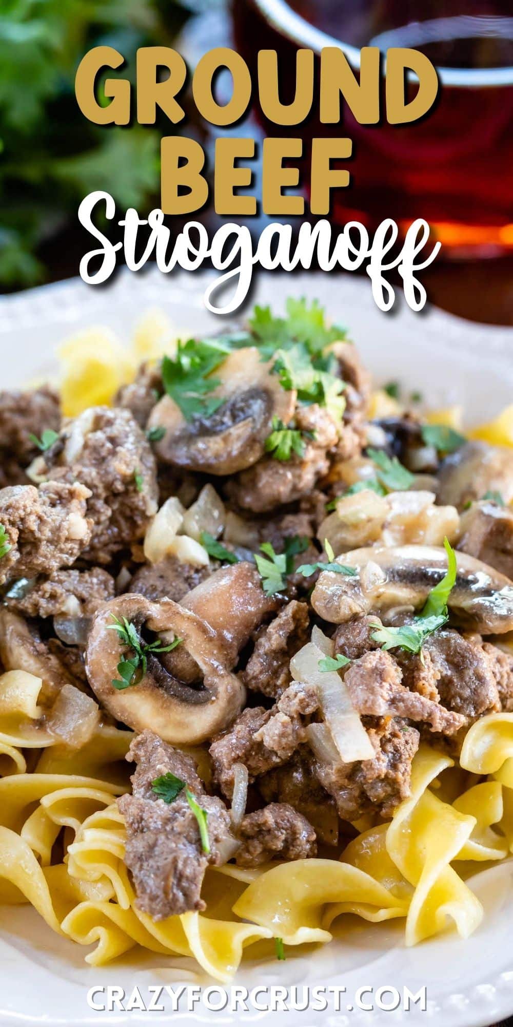 mushrooms and meat on pasta in a white plate with words on the photo