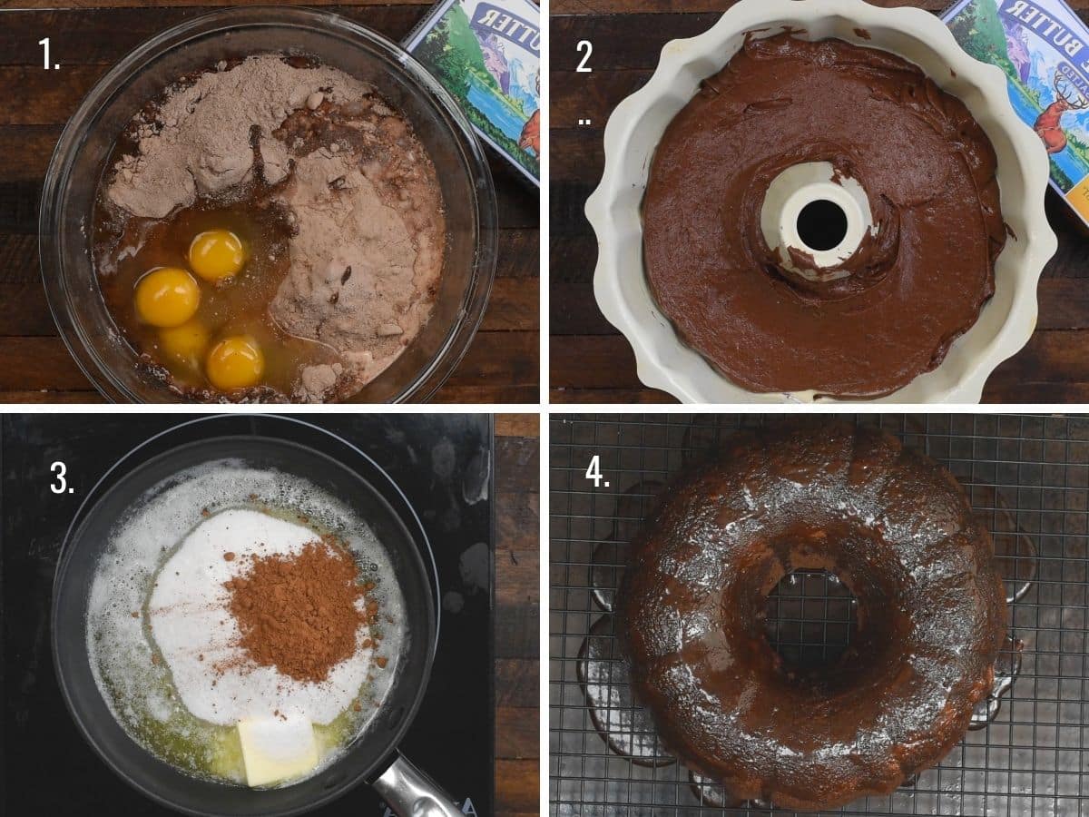 4 photos showing steps how to make chocolate bundt cake