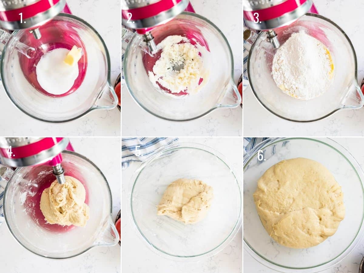 6 photos with pink kitchen aid mixer showing the stages of how to make cinnamon roll dough