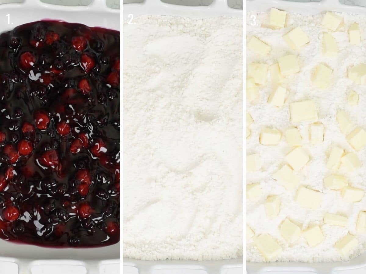 3 photo collage showing how to make dump cake
