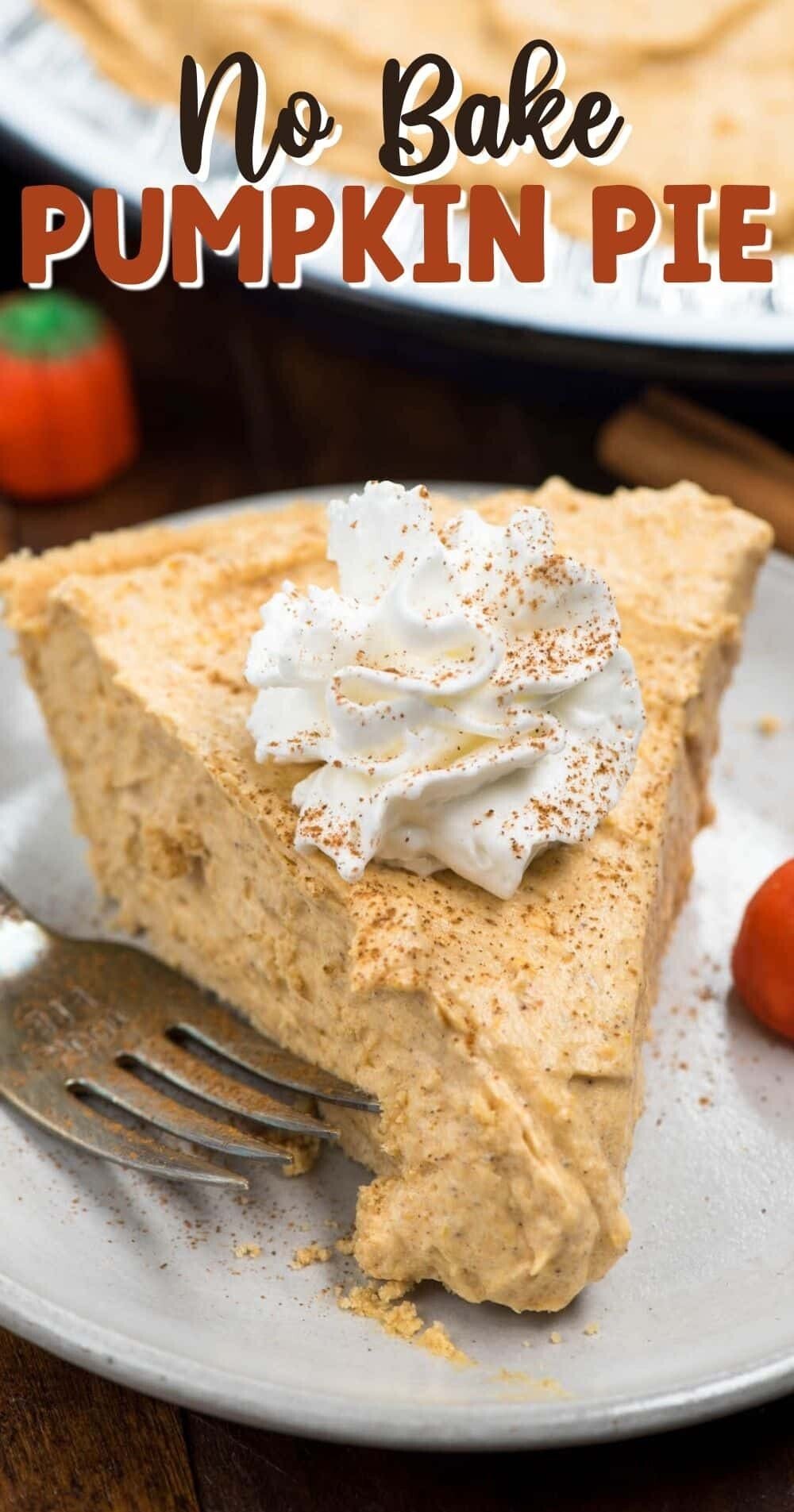 pumpkin pie on a grey plate with a fork next to it and words on the top go the photo