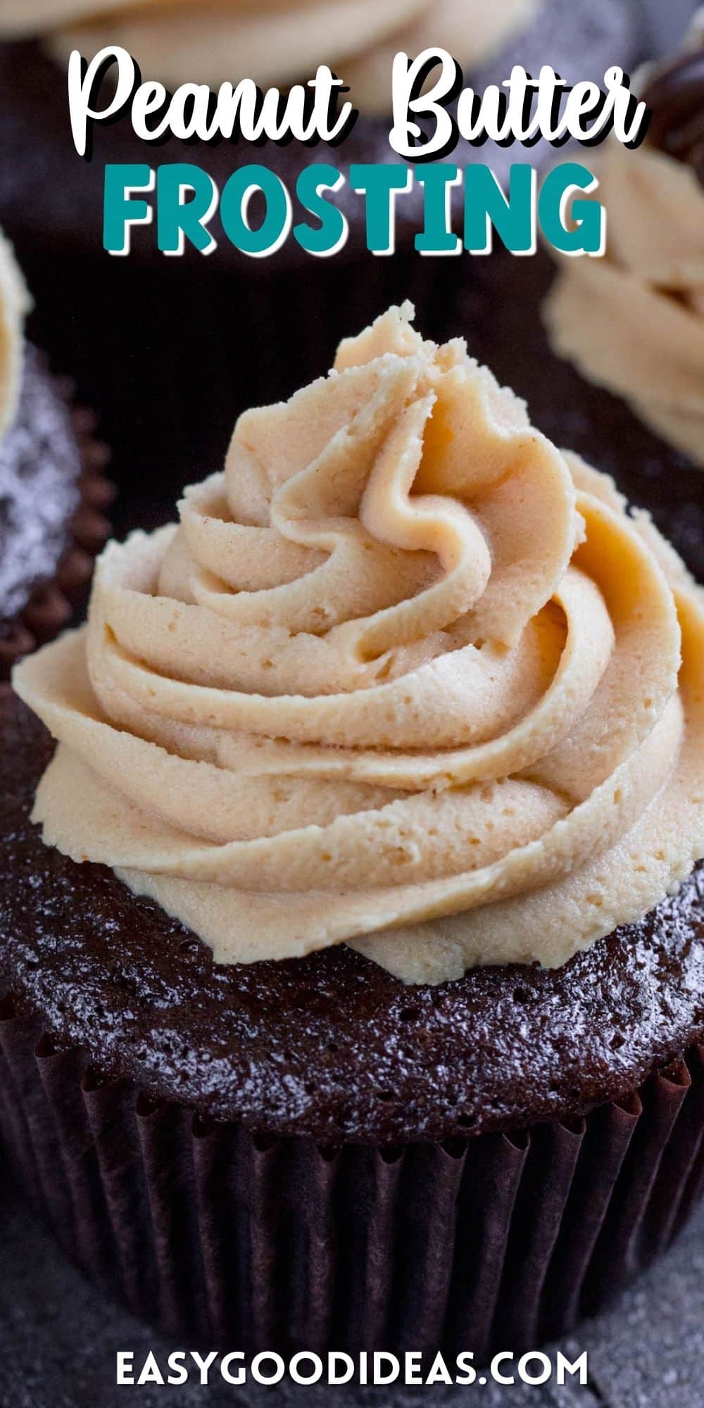 light brown frosting on a chocolate cupcake with words on the photo