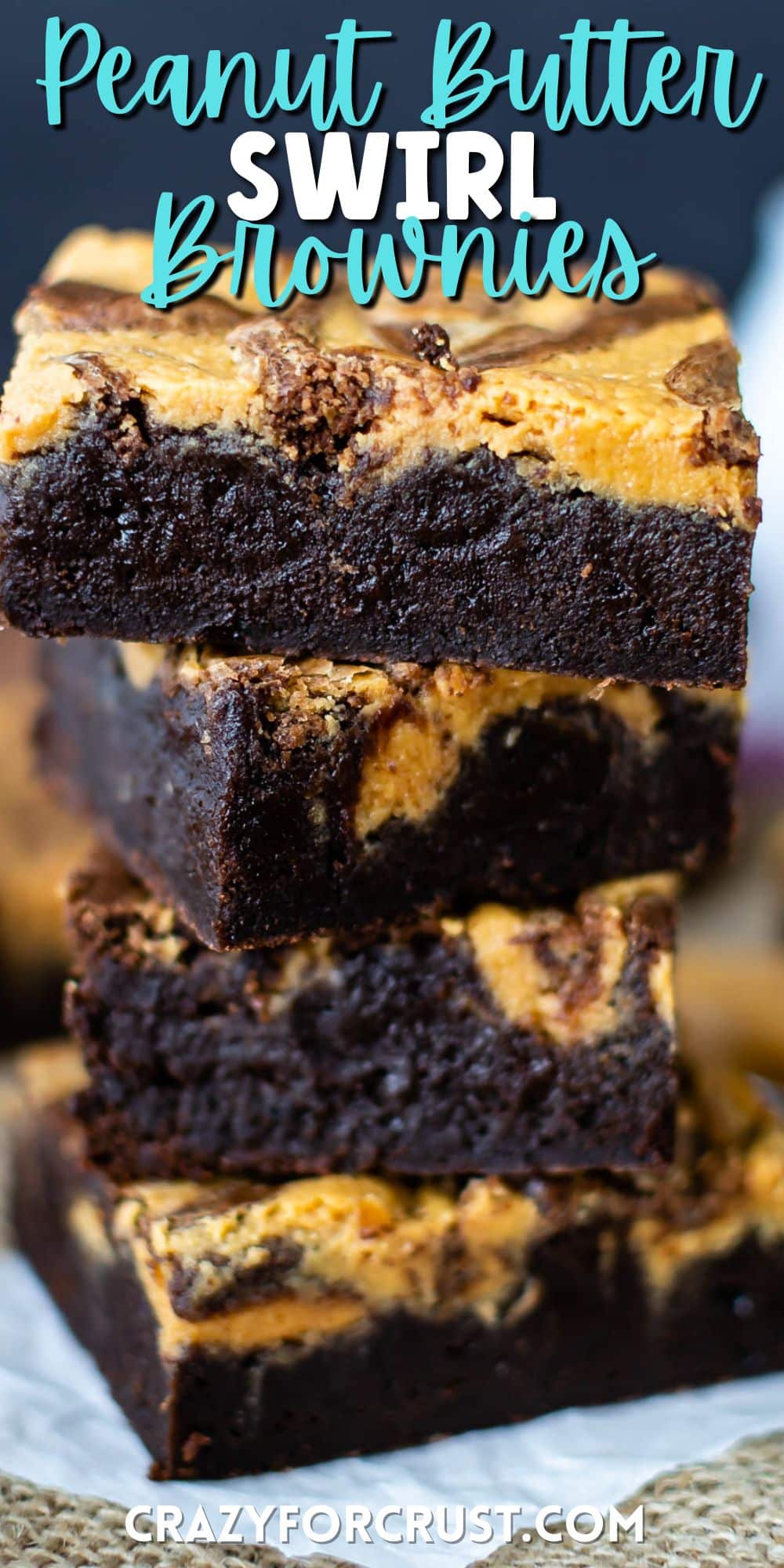 stacked black and yellow swirl brownies with words on the top