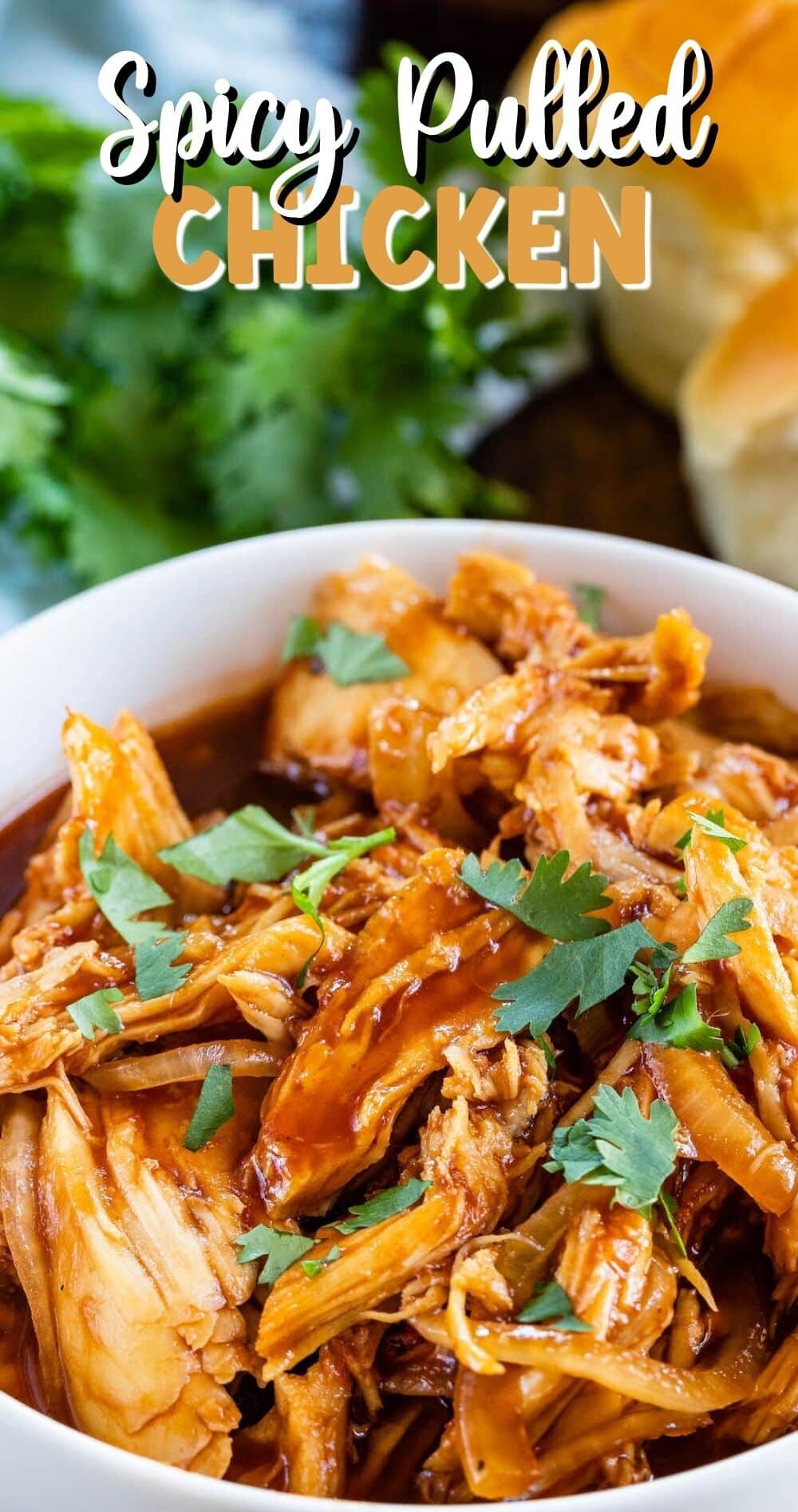 chicken is a white bowl with a green garnish with words on the photo