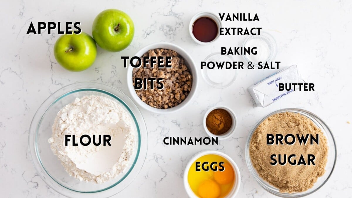 ingredients in apple blondies laid out on a counter with words above saying the name of the ingredients