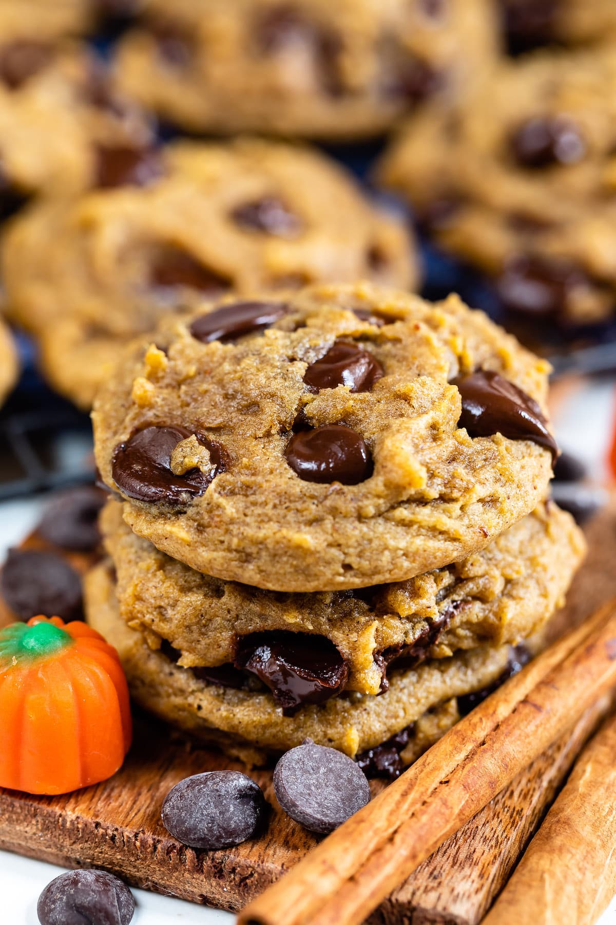 stacked pumpkin cookies with chocolate chips baked in